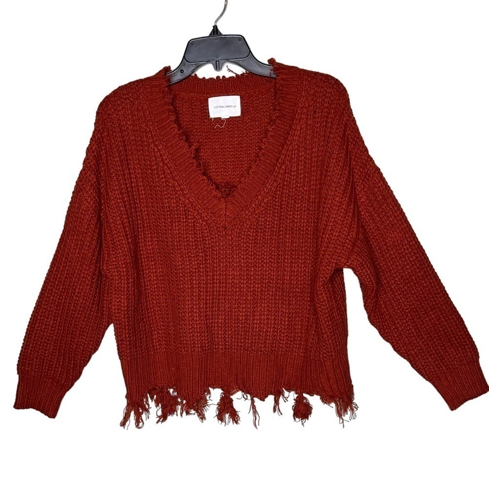 Cotton Candy LA V-Neck Frayed Crochet Sweater